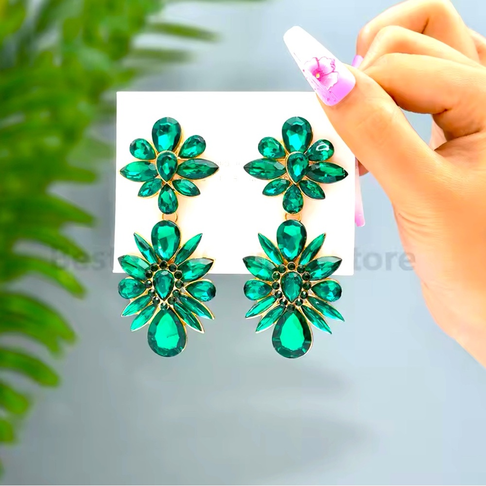 Green Rhinestone Floral Earrings